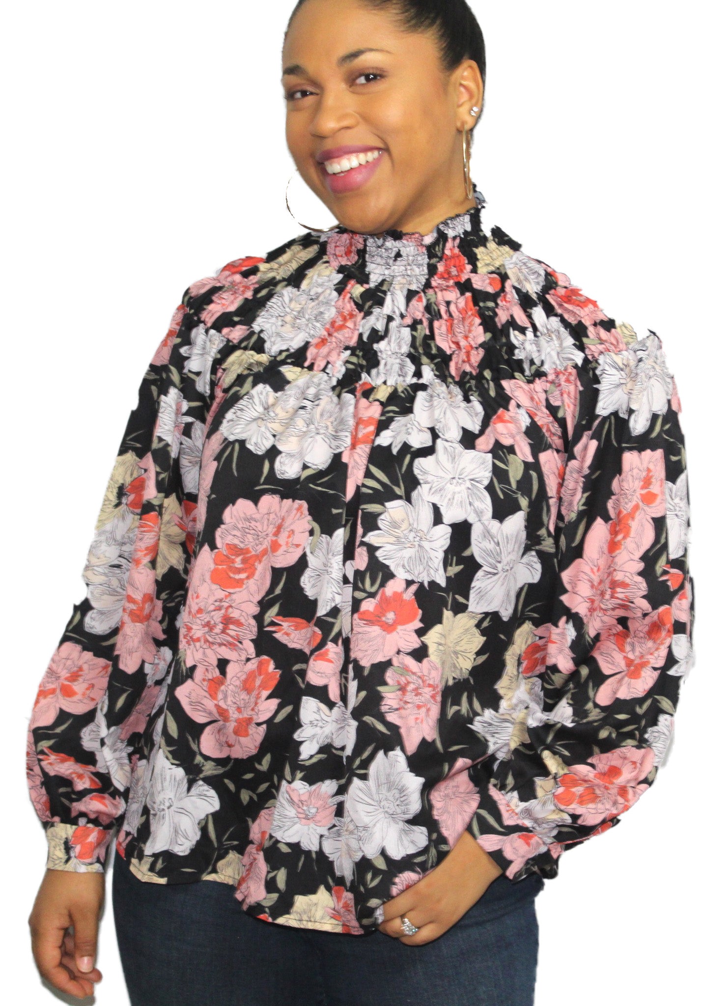 HIGH NECK RUCHED FLORAL PRINT BLOUSE