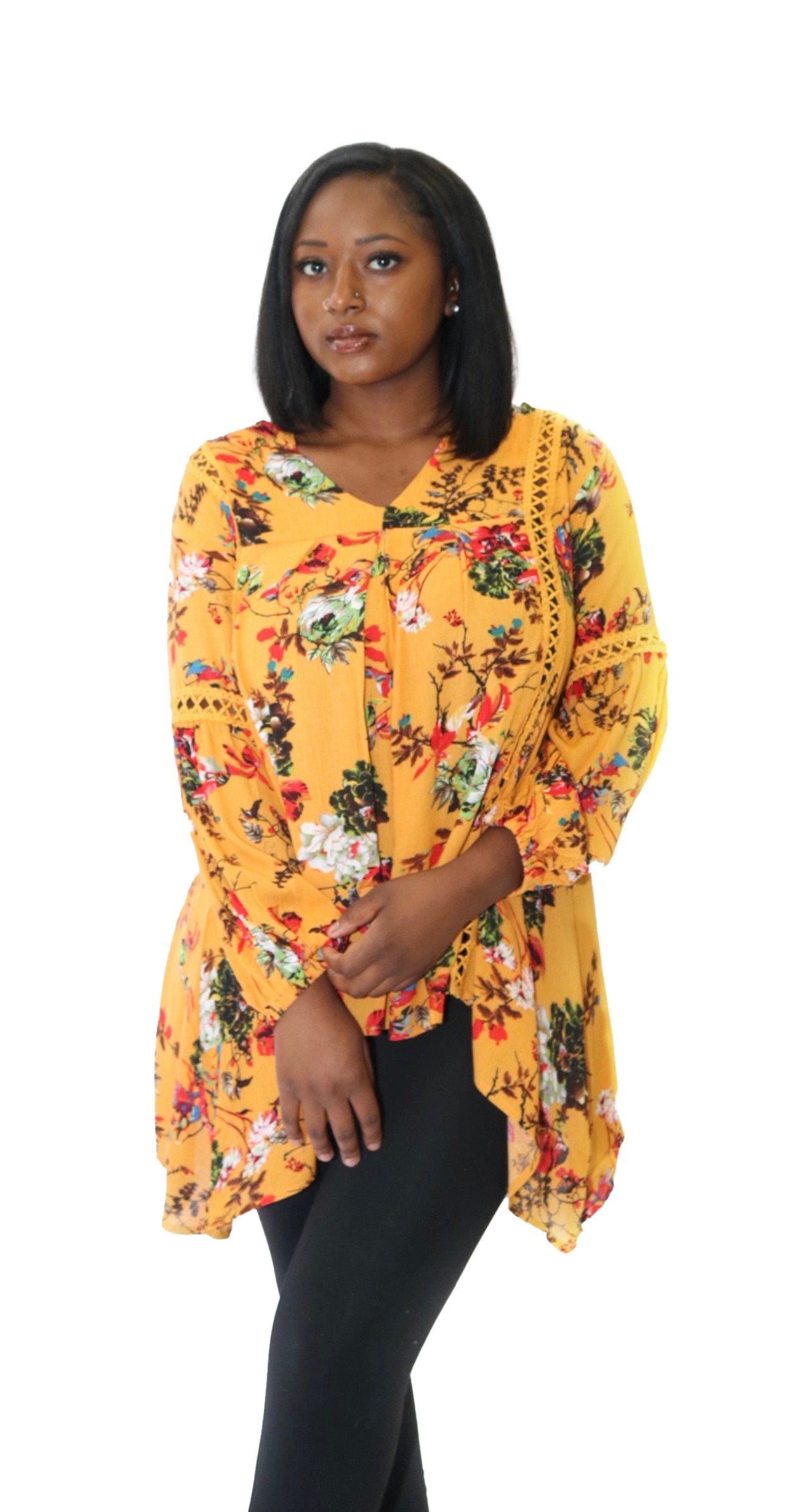 FLORAL PRINTED WITH LACE TRIM CASUAL TUNIC TOP